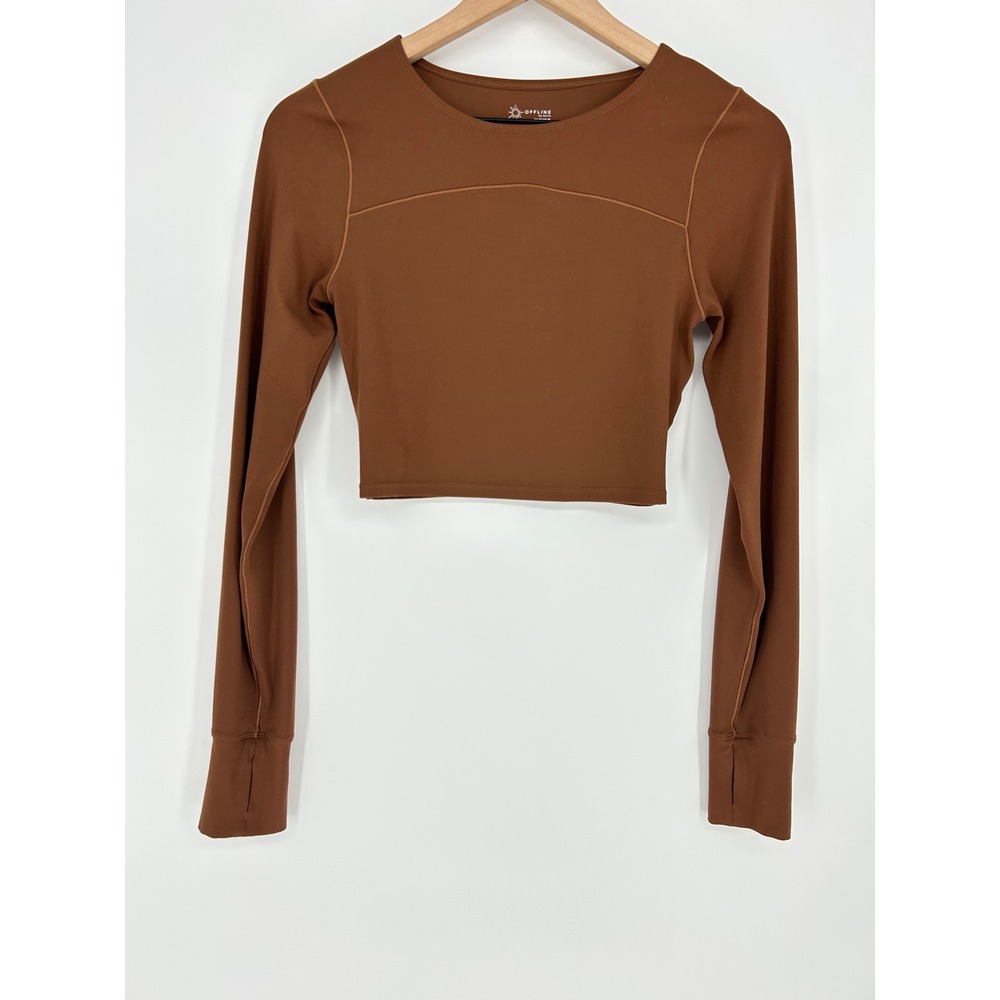 Aerie Offline Brown Real Me Long Sleeve Cutout Back Crop Top Size Small- Preppy